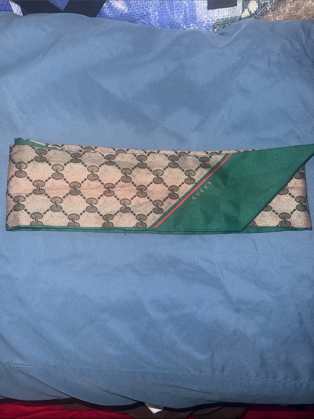 Gucci Beige Monogram Mini Twilly with Green Accent